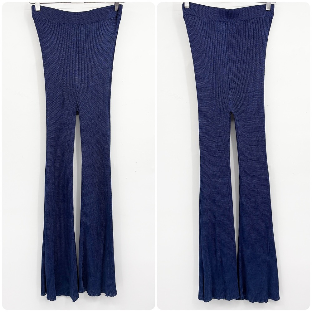 Calle Del Mar Womens Aza Ziegler Navy Blue Ribbed Knit Retro Flare Leg Pants L